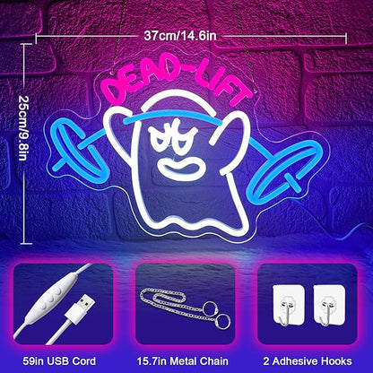 Dumbbell Neon Sign,Neon Signs for Wall Decor,Gym Neon Sign,Ghost Dead Lift Led Sign,Barbell Led Signs for Wall,USB Powered with Dimmable Switch Neon Lights for Bedroom,Gym Decor,Workout