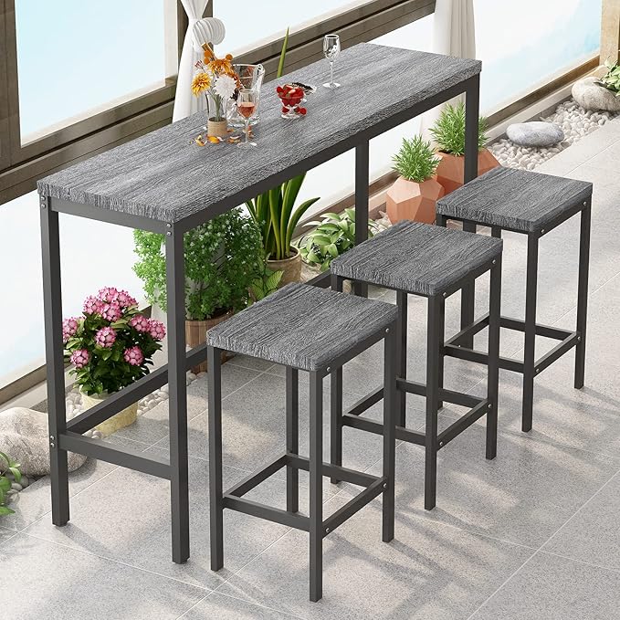 Harper & Bright Designs 4-Piece Dining Table Set, 60.2" L Solid Wood Dining Table with 3 Stools and Metal Frame for Kitchen Dining Room, Antique Grey