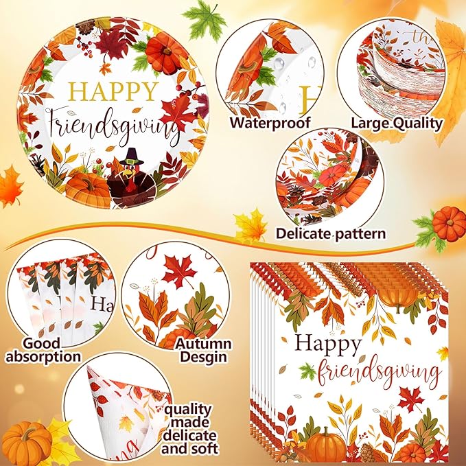 452 Pcs Happy Friendsgiving Party Decorations for 50, Fall Friendsgiving Paper Plates Napkins Cups Tablecloth Cutlery Straws for Autumn Harvest, Give Thanks Friends Giving Party Supplies