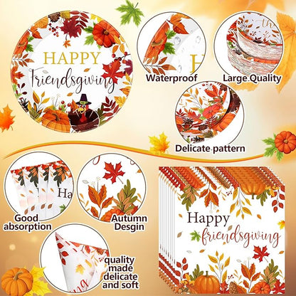 452 Pcs Happy Friendsgiving Party Decorations for 50, Fall Friendsgiving Paper Plates Napkins Cups Tablecloth Cutlery Straws for Autumn Harvest, Give Thanks Friends Giving Party Supplies