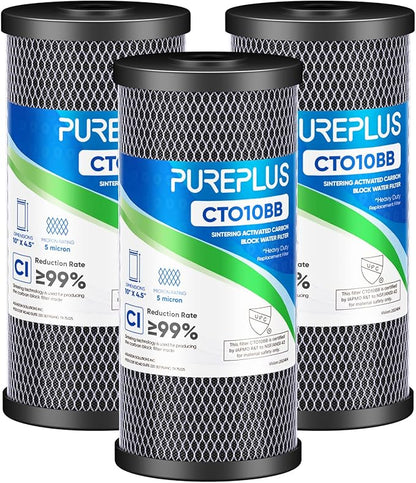 PUREPLUS Coconut Shell Water Filter Cartridge | Activated Carbon Block CTO | Universal Whole House 5 Micron 10 inch Cartridge | Compatible with WFHDC8001, CB-BB-10, EPM, EP-BB, 3Pack