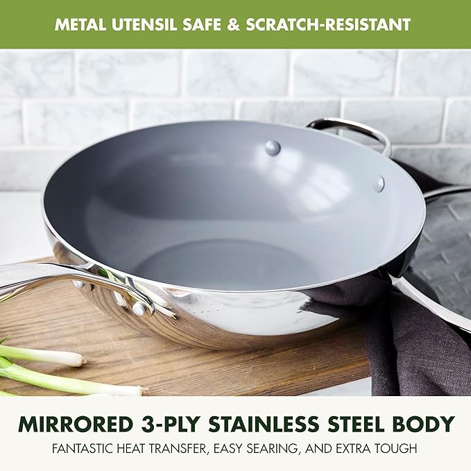 GreenPan Valencia Pro Tri-Ply Stainless Steel 12” Wok with Lid, Healthy Ceramic Nonstick PFAS-Free PFOA- Free Coating, Multi Clad Cookware, Induction, Dishwasher Safe, Oven and Broiler Safe