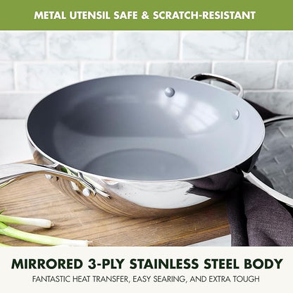 GreenPan Valencia Pro Tri-Ply Stainless Steel 12” Wok with Lid, Healthy Ceramic Nonstick PFAS-Free PFOA- Free Coating, Multi Clad Cookware, Induction, Dishwasher Safe, Oven and Broiler Safe