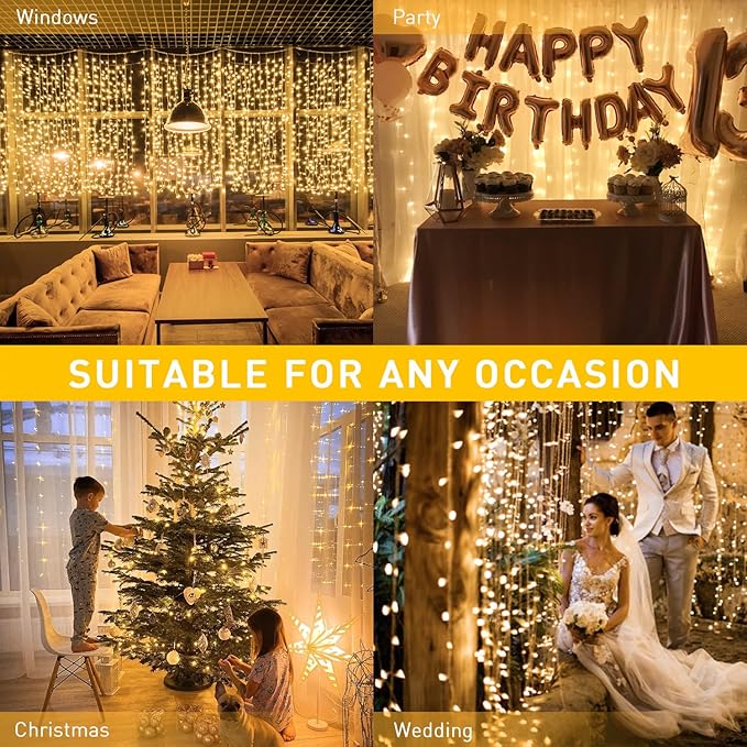 JMEXSUSS 600 LED Christmas Curtain Lights Outdoor, 9.5x19.6ft Christmas String Light Plug in with Remote, 8 Modes Wall Hanging Lights for Bedroom Party Backdrop Wedding Xmas Decor, Warm White