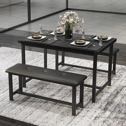 Dining Table Set for 4, Dining Room Table Set with 2 Upholstered Benches, Small Kitchen Table Set, 3 Piece Farmhouse Rectangular Dining Room Table Set, Space Saving Dining Table for Apartment