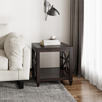 2-Tier Solid Wood End Table with Tempered Glass, Square Wooden Sofa Side Table Rustic Country Glasstop Espresso Nightstand with Shelf & Asterisk-Shaped Leg Base for Living Room, 27x22.5x24in