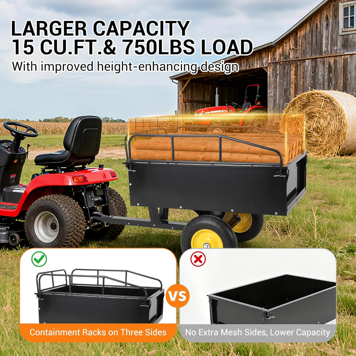 Garvee Heavy Duty Tow Behind ATV Trailer Steel Dump Cart 500 LB, 10-Cubic Feet Capacity Garden Utility Trailer with Removable Tailgate for Riding Lawn Mower Tractor