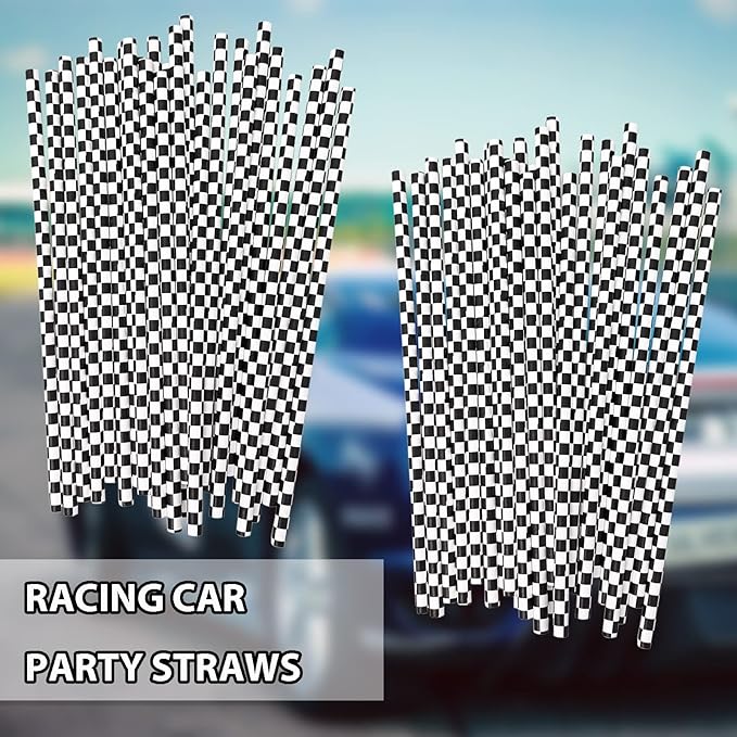 50 Pcs Checkered Flag Paper Straws Racing Car Straws Black and White Checkered Drinking Straws for Racing Birthday Party Decorations, Standard, Black/White