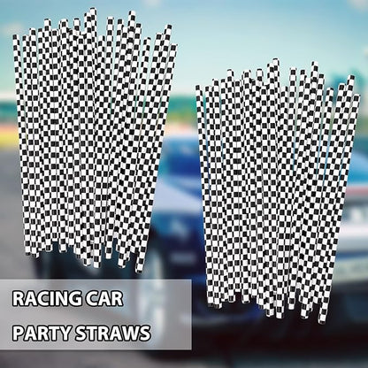 50 Pcs Checkered Flag Paper Straws Racing Car Straws Black and White Checkered Drinking Straws for Racing Birthday Party Decorations, Standard, Black/White