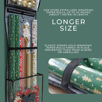 Hanging Wrapping Paper Organizer 63", Over-the-Door Gift Bag & Wrap Storage | Vertical Gift Wrap Holder with 4 Zipper Bags, Transparent Pockets & Hooks – Gift Paper Rolls, Ribbons & Accessories Storage
