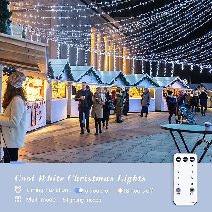 JMEXSUSS 500 LED White Christmas Lights, 8 Modes 163ft Waterproof Christmas Light Outdoor Plug in with Remote Control, Clear Wire String Lights for Tree Outside Yard Wedding Decorations
