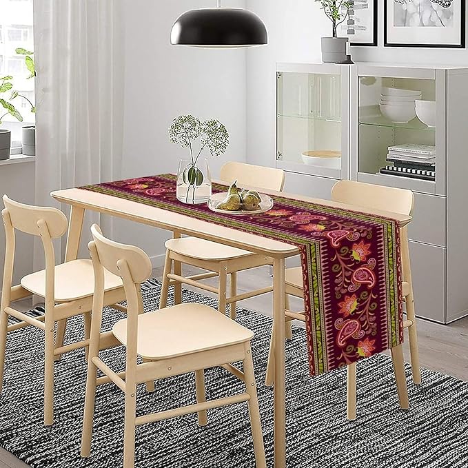 Dark Red Paisley Table Runner, Vintage Boho Paisley Flowers Geometric Print Table Cover for Farmhouse Wedding Party Home Kitchen Dining Table, 13x108inch