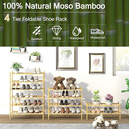 4-Tier Bamboo Shoe Rack for Entryway, Stackable | Heavy Duty | Multi-Function, Free Standing Shoe Racks for Bedroom Hallway Closet