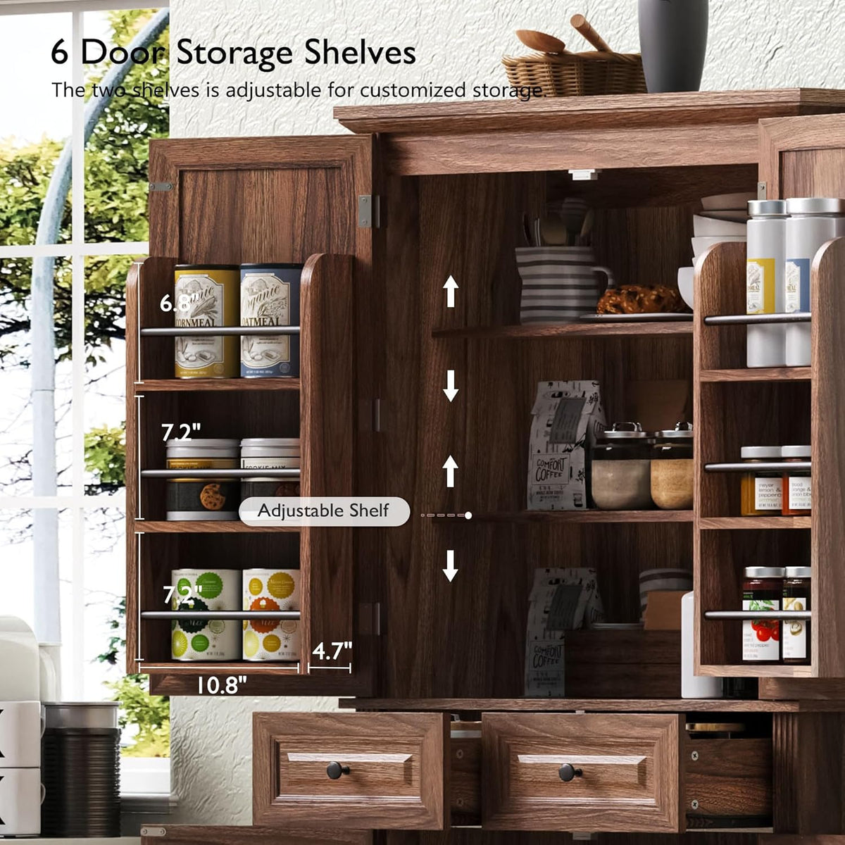 Merax 71" Tall Kitchen Pantry, Farmhouse Storage Cabinet with 6 Door Shelves, 2 Drawers and 3 Adjustable Shelves, Freestanding Rustic Wood Cupboard for Kitchen, Dining Room, Brown