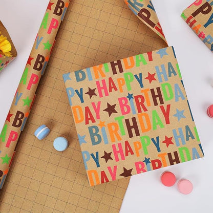 LaRibbons Birthday Wrapping Paper Roll for Kids, 17 Inch x 16.5 Feet Kraft Gift Wrap Paper with Colorful Text Happy Birthday Pattern for Boys Holiday Party