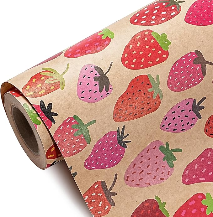 WRAPAHOLIC Kraft Strawberry Wrapping Paper Roll - Mini Roll - 17 Inch x 16.5 Feet - Sweet Strawberry Fruits Wrapping Paper for Summer, Birthday, Wedding, Bridal Shower