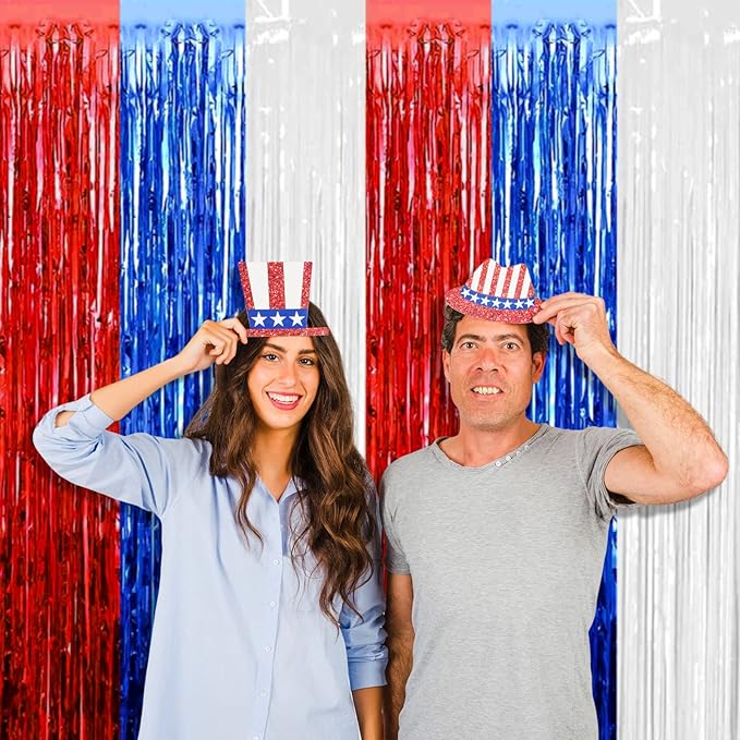 4 Pack Red Blue White Foil Fringe Curtain Backdrop, 3.28Ft x 8.2Ft Metallic Tinsel Foil Fringe Streamers Curtains for Photo Booth, Wedding, Mardi Gras, Birthday, Independence Day Party Decoration