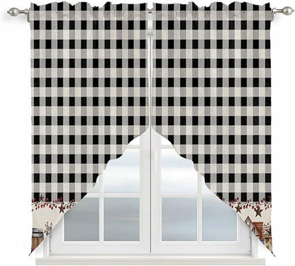 Swag Curtain Valances for Kitchen Windows,Farm Wooden House Black Buffalo Plaid Short Rod Pocket Window Valance,Western Star Swag Topper for Bedroom Living Room,2 Panels 36x63in