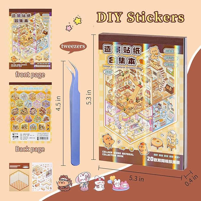 20 Sets 3D House Stickers with Metal Tweezers | DIY Miniature House Scenes Kit for Adults, Cute 3D Cartoon Scene Stickers | Therapy Craft, Relief Stress Pass The Time