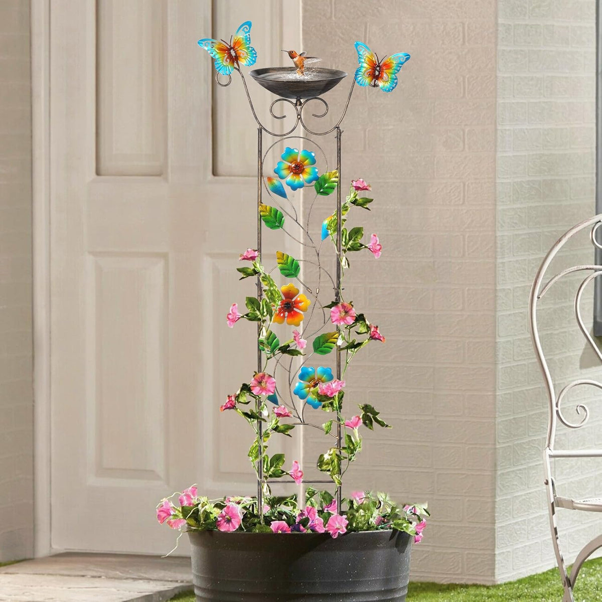 LEWIS&WAYNE Garden Trellis Bird Bath Outdoor, 40 Inch Antique Iron Garden Plant Trellis Decorative with Floral-Butterflies and Detachable Drinking Basin Bowl, Free Standing BirdBath Birdfeeder Station