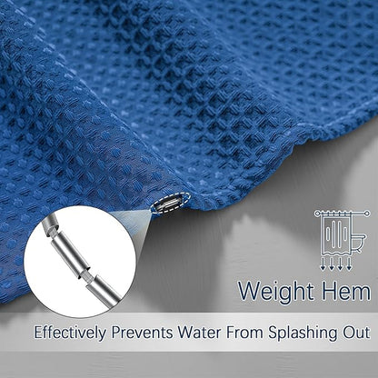 Classic Blue Fabric Shower Curtain for Bathroom Stall, 60 inche Waffle Weave Machine Washable Waterproof 256GSM Heavy Duty Weighted Bath Curtain Set with 10 Metal Hooks, 60Wx72H