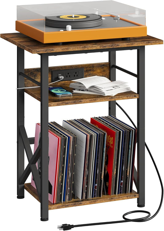 CHOEZON Record Player Stand with Power Outlet, Vinyl Record Storage Side Table, 19" Large Tabletop, Charging Station & Crossed Frame Design for Turntable, Rustic Brown and Black TBZ48UBF