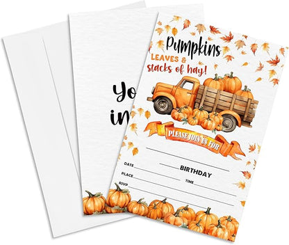 Leaves & Stacks Of Hay Birthday Party Invitation - Set Of 20 Fall Pumpkin Invite Cards With Envelopes - Autumn Birthday Invitation Cards For Boys Girls - Thanksgiving Birthday Party Supplies Decor-A06