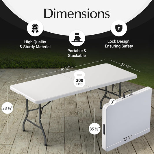 6 Feet Foldable Table with Built in Handle & Steel Legs | 6FT Heavy Duty Folding Portable | Perfect for Party, Dining, Wedding, Events, Picnic Indoor, Outdoor, Camping, Utility, Folding - 6 Foot