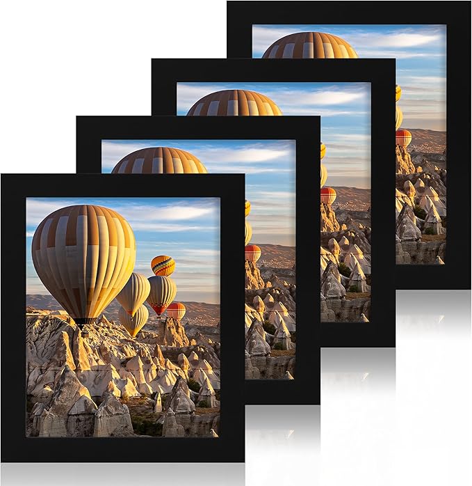 8x10 Picture Frame Set of 4, High Definition Glass Black Picture Frame, 8 x 10 Wood Rustic Photo Frames for Horizontal or Vertical Table Top and Wall Mounting