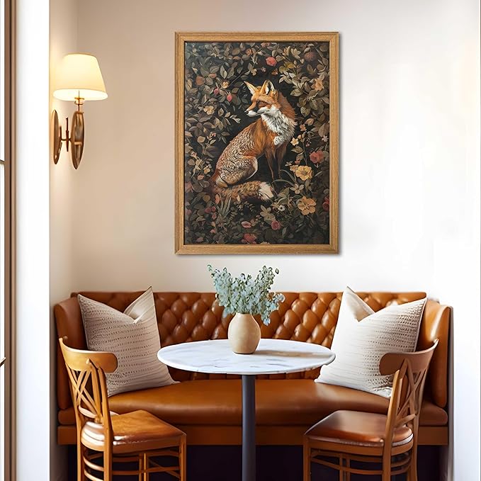 Framed 3D Textured Vintage Wall Art - Dark Academia Decor Hand Drawn Sandstone Fox Paintings with Botanical Florals, Aesthetic Wall Decor for Living Room Bedroom Home 24x36 inch