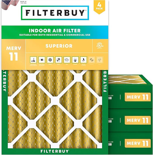 Filterbuy 18x25x4 Air Filter MERV 11 Superior Pet & Allergy Defense (4-Pack), Electrostatic Pleated HVAC AC Furnace Filters Replacement, Made in USA (Actual Size: 17.50 x 24.50 x 3.63)
