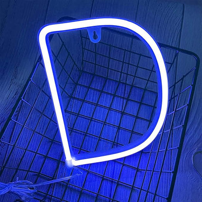 ENUOLI LED Blue Neon Letter Signs Night Light Battery or USB Operated LED Marquee Letters Neon Art Decorative Lights Wall Decor for Children Baby Room Christmas Wedding Party Decoration(D)