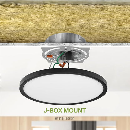ASD LED 12" Round Flush Mount Ceiling Light Fixture, Low Profile Surface Lighting | 5CCT, Dimmable, Ultra-Thin, ETL Listed | 24W 2000LM 2700-6000K 100-277V | Kitchen, Hallway Lamp | Black, 4 Pack