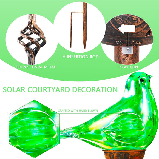 Decorative Solar Lights Outdoor Solar Bird Stake Lights Hand Blown Glass Decorative Garden Pathway Lights Outdoor Waterproof Glass Stakes (Green)