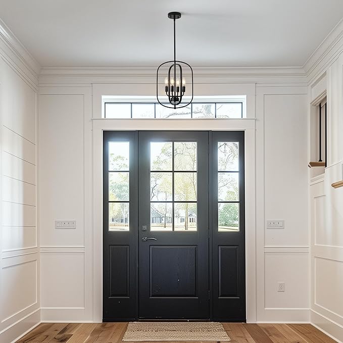 Small Modern Black Chandelier for Foyer, 4 Light Industrial Entryway Lighting Fixtures,Farmhouse Pendant Light for Kitchen Island Stairway Hallway Dining Room