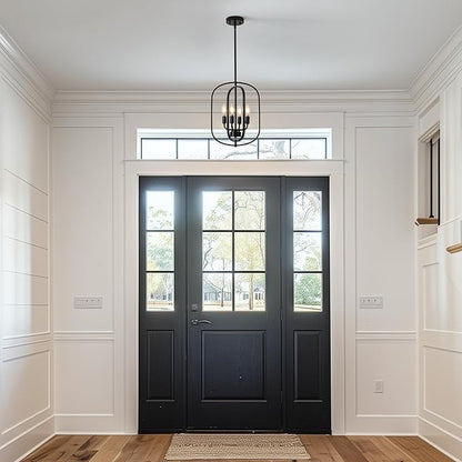 Small Modern Black Chandelier for Foyer, 4 Light Industrial Entryway Lighting Fixtures,Farmhouse Pendant Light for Kitchen Island Stairway Hallway Dining Room