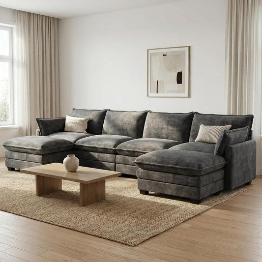 Modular Sectional Couch for Living Room, U Shaped Comfy Sofa | Comfortable Foam Cushions, Sturdy Frame, Appealing Look, Easy Assembly, Soft Chenille Fabric, Movable Ottoman, Dark Gray