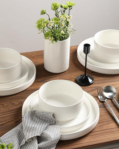 Sweejar Porcelain Dinnerware Sets for 4, 16 Pieces Ceramic Plates and Bowls Set, Classic Modern Simple Kitchen Dinner Dining Ware Set, Dishwasher and Microwave Safe Dishes Sets with Cups(Pure White)