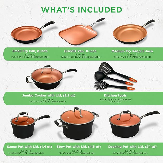 NutriChef 14-Piece Non-Stick Pots & Pans Set - Multi-Sized Cooking Pots with Lids, Small and Medium Frying Pans with Slotted Spatula, Pasta Server, Soup Ladle, Silicone Handles (Copper Color)