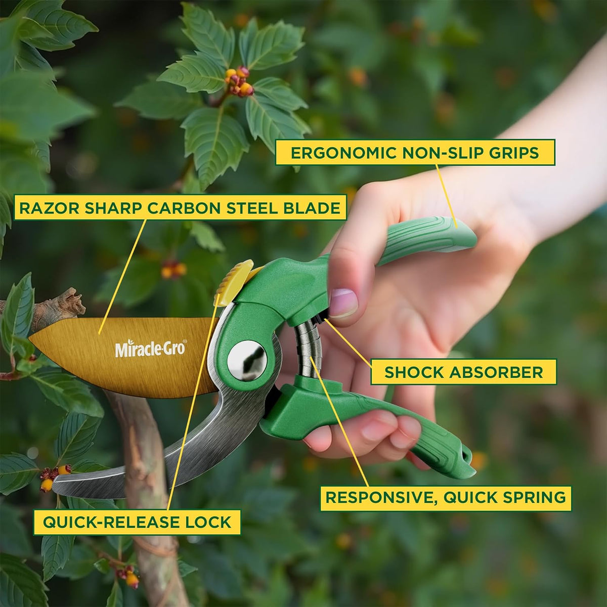 Miracle-Gro 8 in. Bypass Pruning Shears – 1/2 in. Cutting Capacity; Gardening Hand Pruner with Sharp Carbon Steel Blade and Non-Slip Grip – Lightweight Garden Tool for Live Plants and Soft Stems
