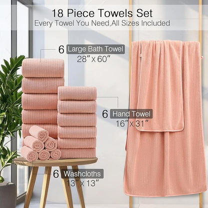 18 Piece Family Bath Towel Set Include 6 Bath Towels,6 Hand Towels and 6 Washcloths Soft Bathroom Towel with Hanging Loops,Highly Absorbent Quick Dry Towels Set for Bathroom,Hotel and Spa-Orange