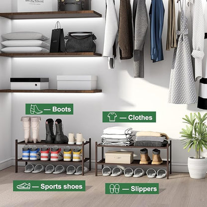 Bamboo Shoe Rack for Entryway, 2-Tier Stackable | Foldable | Natural, Shoe Organizer for Hallway Closet, Free Standing Shoe Racks for Indoor Outdoor