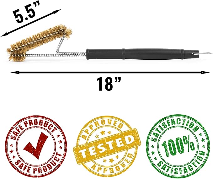 Grillaholics Brass Grill Brush – Safe BBQ Brush for Outdoor Cooking – Heavy-Duty Soft Bristle Grill Cleaning Tool for Porcelain & Ceramic Grates