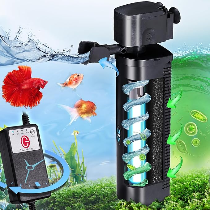 Aquarium U-V Filter 290GPH w/ Scientific Timer for 40-150 Gallon Fish Turtle Tank Internal Filter Bio Sponge Submersible Power Pump w/ Aeration Deodorization Saltwater Freshwater Green Clean Machine