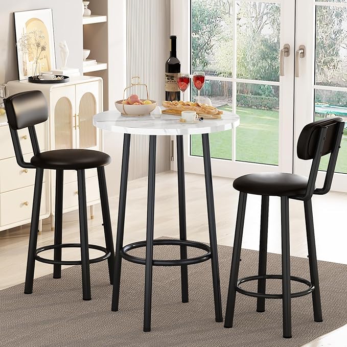 Dining Table Set, 23.6" Round Faux Marble Table with 2 PU Upholstered Backrest Chairs, 3-Piece Kitchen Dining Room Set for Small Spaces, Kitchen, Restaurant Furniture, White