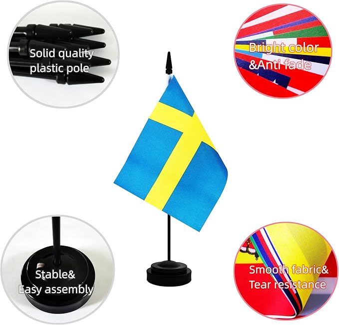 2 Pack Sweden Desk Flag, Swedish Table Office Flag with Solid Pole and Stand Base, International Country Flag, Festival Celebration, Classroom Meeting Desktop Decoration (Sweden)