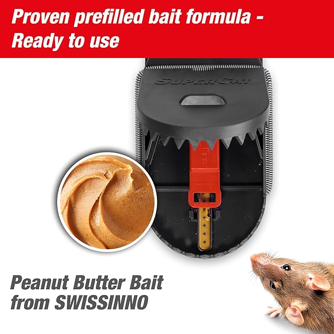 SWISSINNO Rat Trap PRO SuperCat - Reusable, Reliable and Effective - Powerful snap Trap for Rat Elimination Without False Catches, with Peanut Butter Bait - 2 Traps + 2 Bait Syringes