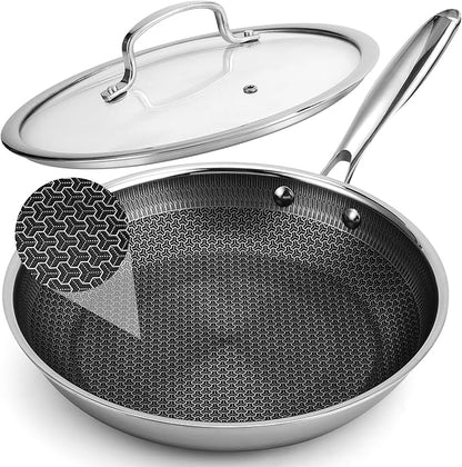 10 Inch Hybrid Non Stick Frying Pan Set Skillet Stainless Steel Skillet Chef's Pan with Matching Lid, PFOA-Free Non-Toxic Cookware, Dishwasher & Oven Safe, Induction Compatible All Cooktop