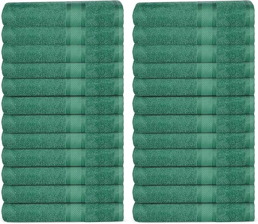 Casa Lino Face Towels & Body Wash Cloths for Showering - 100% Cotton Wash Cloths for Bathroom - Highly Absorbent & Quick Drying Washcloth Set - Cotton Washcloths 24 Pack (12" x 12") - (Green)