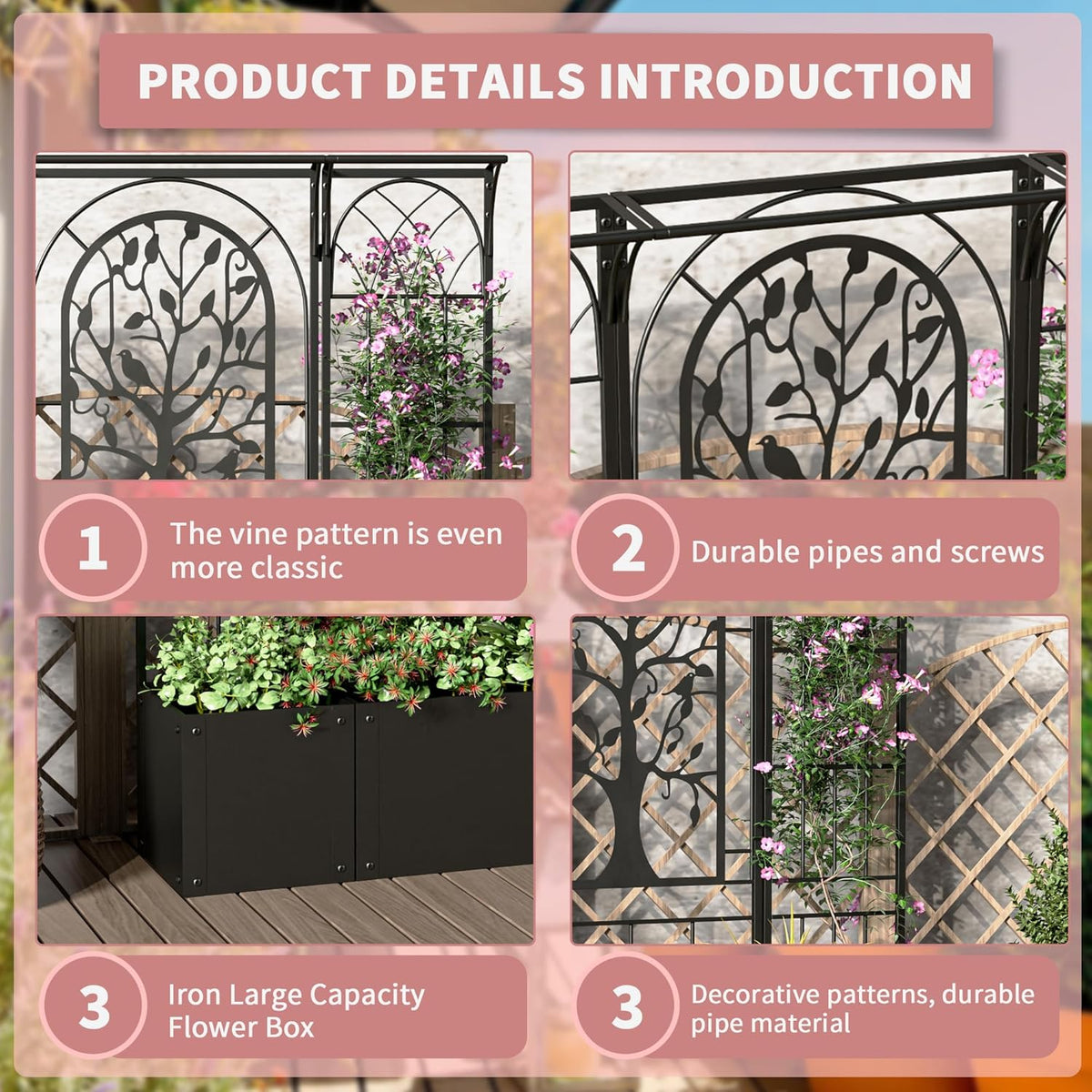 Metal Planter Box with Trellis, Raised Garden Bed with Trellis Privacy Screen, 62 inch Tall Planter Boxes for Climbing Plants, Flowers, Vegetables, Fruits, Balcony and Patio Decor (Black)
